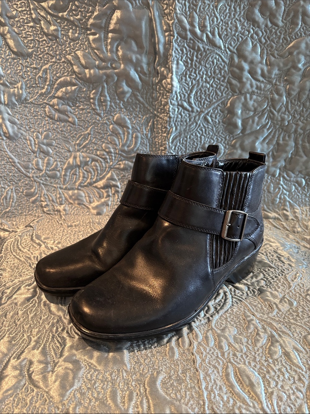 Earth Origins Black Leather Ankle Boots with Buckle Accent